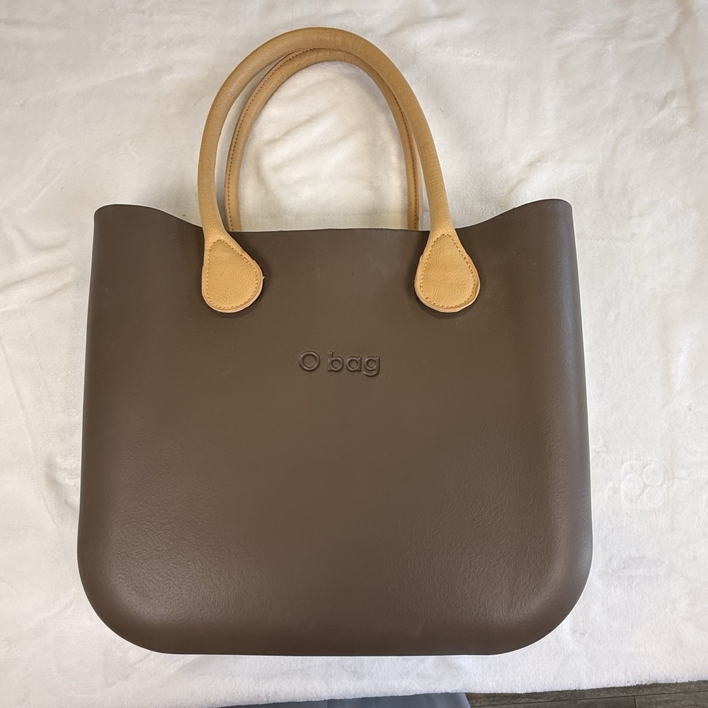 O bag Brown Tote Handbag Tan Handles Cream Zipper Insert Organizer Italy Style
